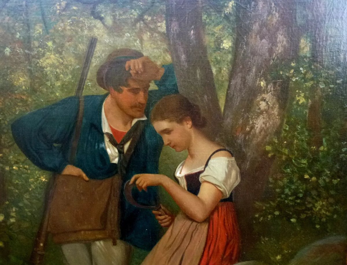 Scène De Genre Rurale Galante Huile/Toile Fin Du XIXème Siècle-photo-2