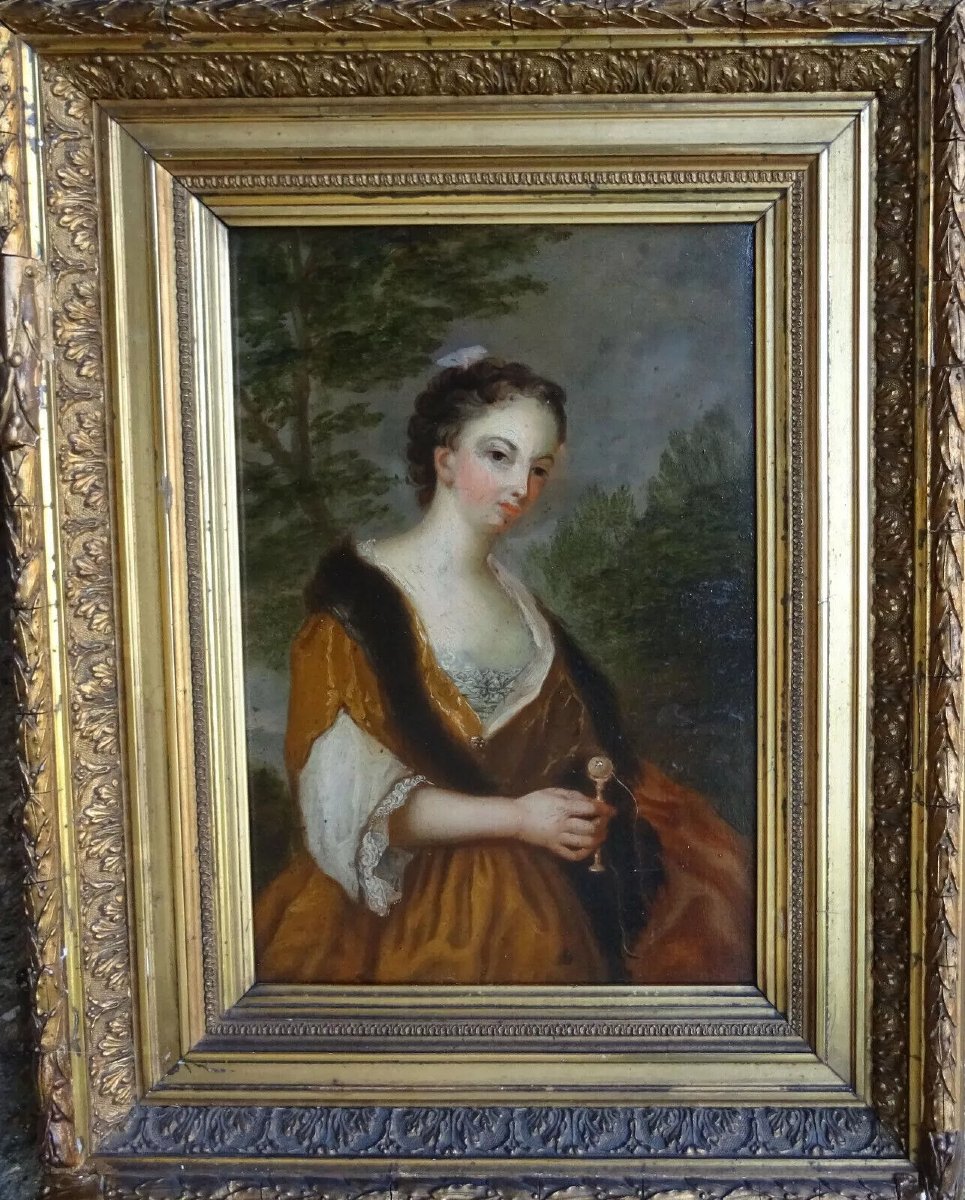 Portrait de Jeune Femme au Bilboquet Huile/Panneau du XVIIIème siècle-photo-3