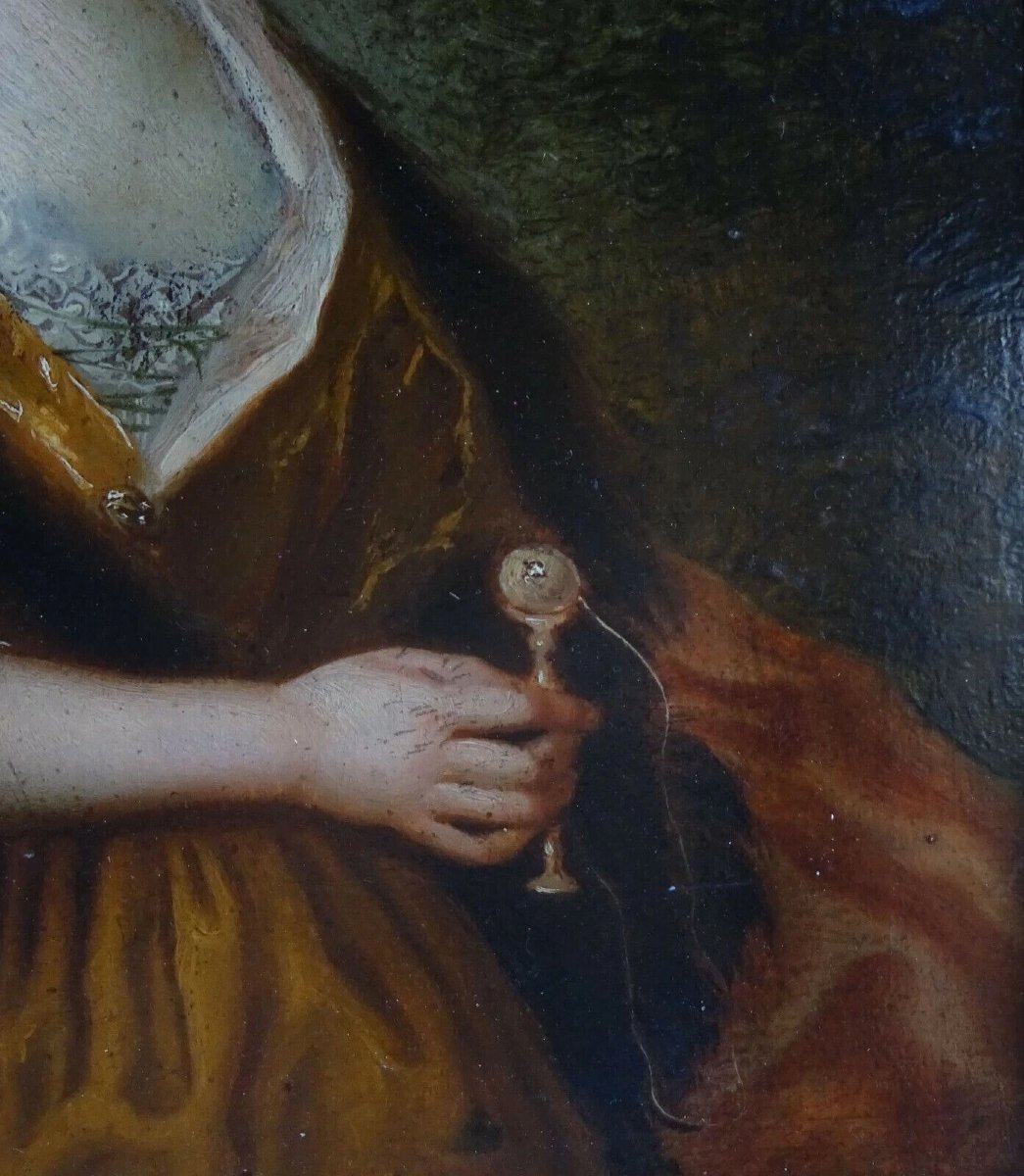 Portrait de Jeune Femme au Bilboquet Huile/Panneau du XVIIIème siècle-photo-2
