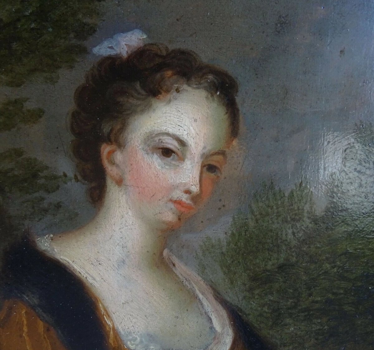 Portrait de Jeune Femme au Bilboquet Huile/Panneau du XVIIIème siècle-photo-3