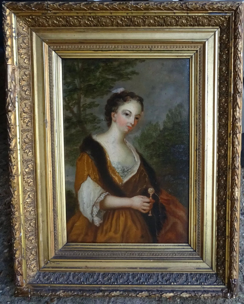 Portrait de Jeune Femme au Bilboquet Huile/Panneau du XVIIIème siècle