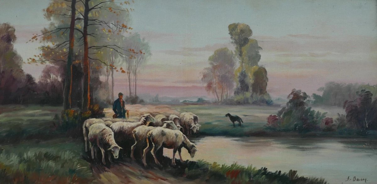 Tableau Paysage Pastorale Signé Jean Bain Huile/Toile début XXème siècle-photo-3