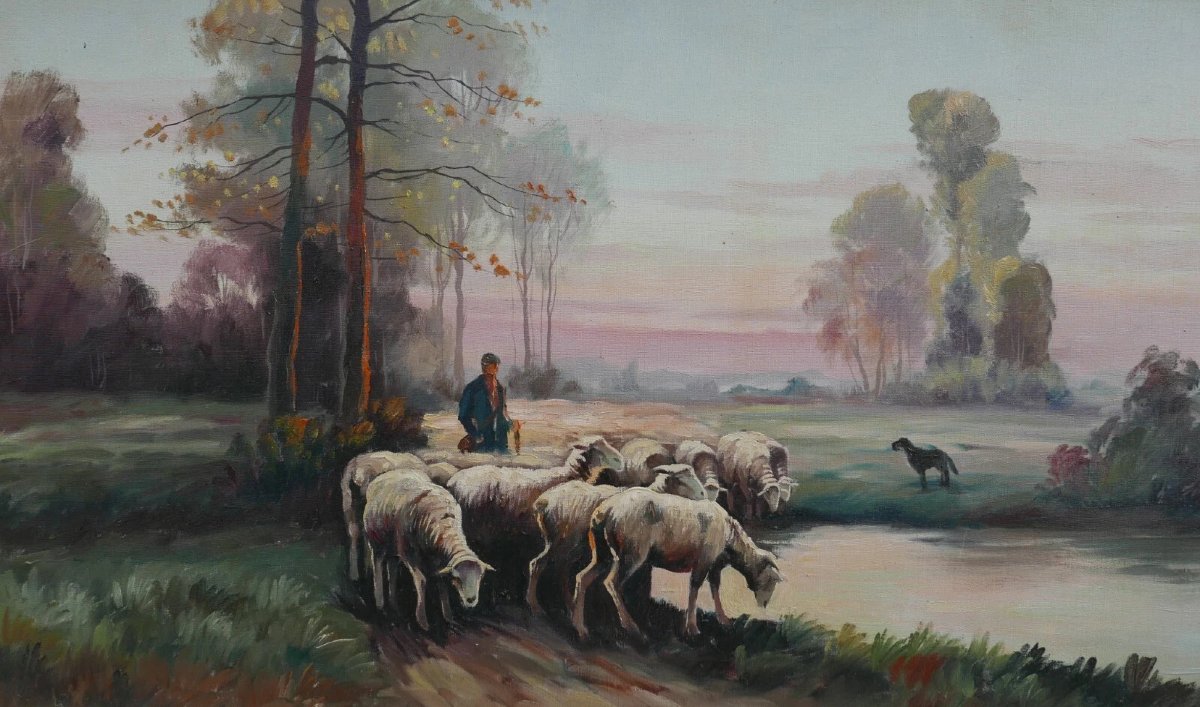 Tableau Paysage Pastorale Signé Jean Bain Huile/Toile début XXème siècle-photo-4