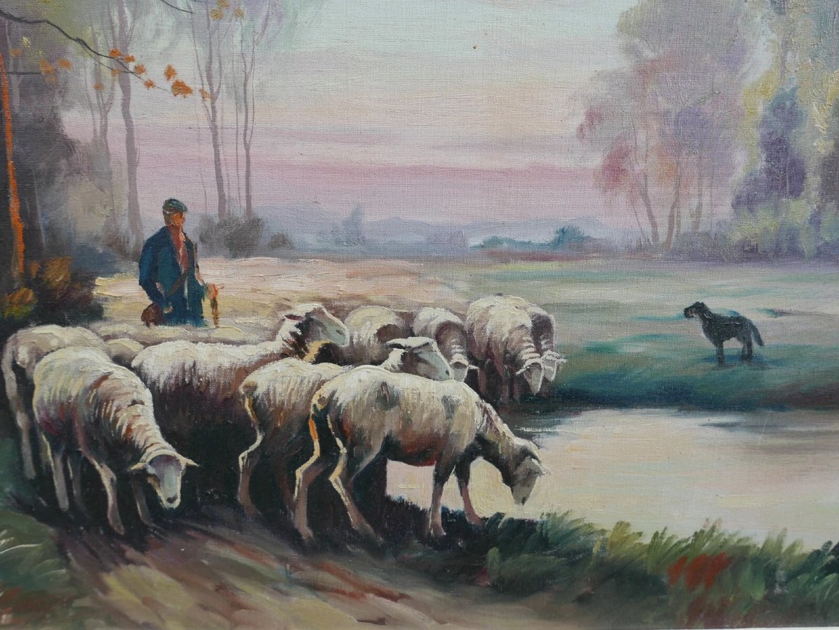Tableau Paysage Pastorale Signé Jean Bain Huile/Toile début XXème siècle-photo-4