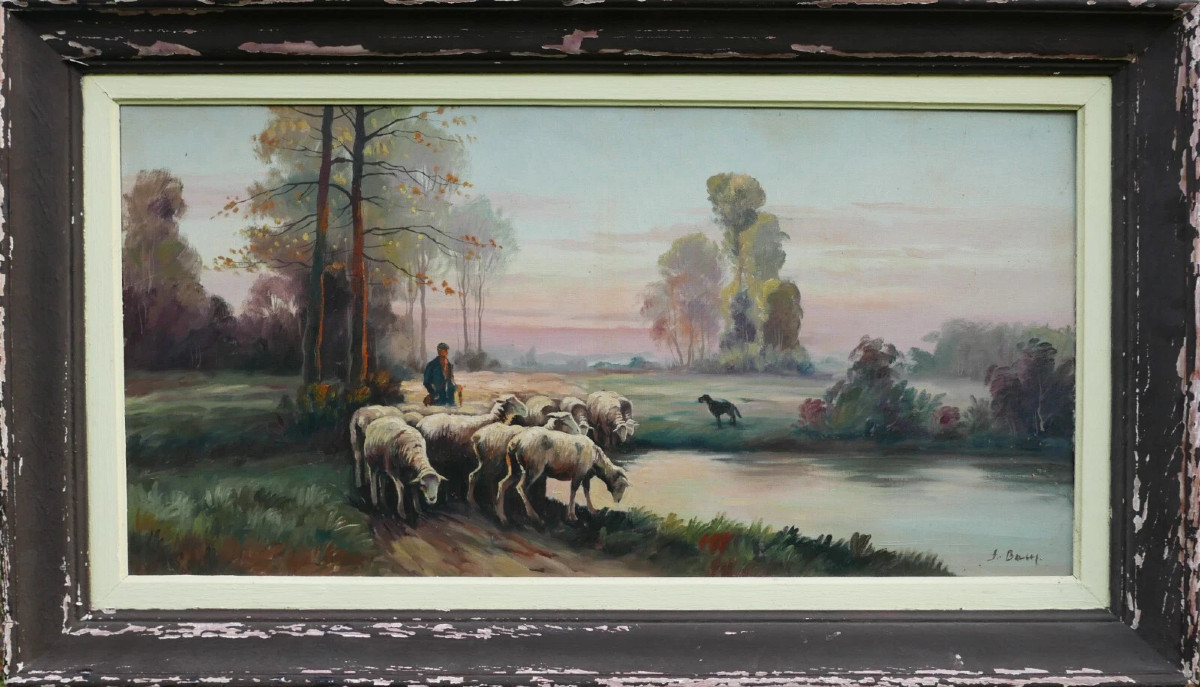 Tableau Paysage Pastorale Signé Jean Bain Huile/Toile début XXème siècle