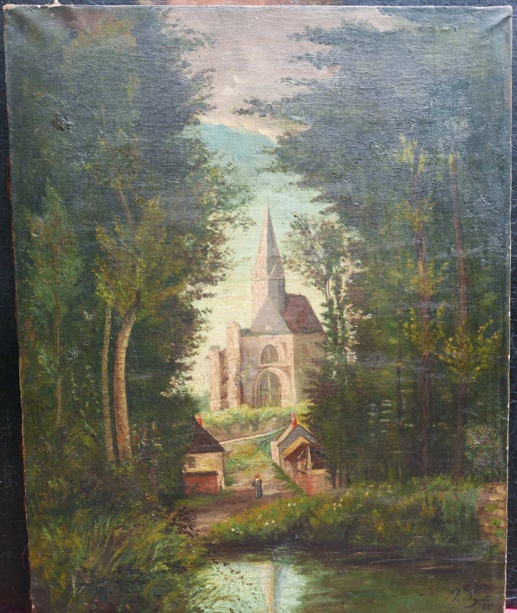 Bayet Painting Landscape Church View Oil On Canvas Late 19th Century Signed-photo-2