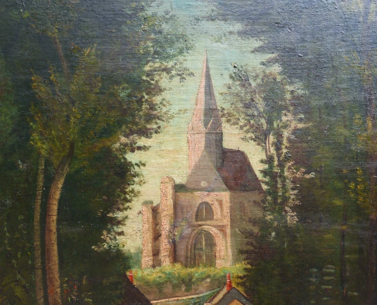 Bayet Painting Landscape Church View Oil On Canvas Late 19th Century Signed-photo-1