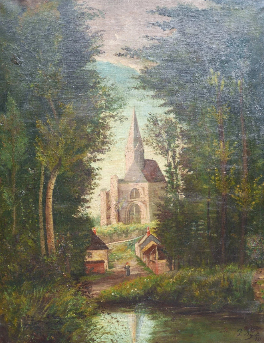 Bayet Painting Landscape Church View Oil On Canvas Late 19th Century Signed