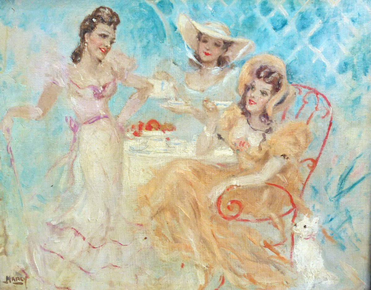 Claude Marcy, Genre Scene: Women In A Tea Room, Oil On Canvas, 20th Century-photo-2