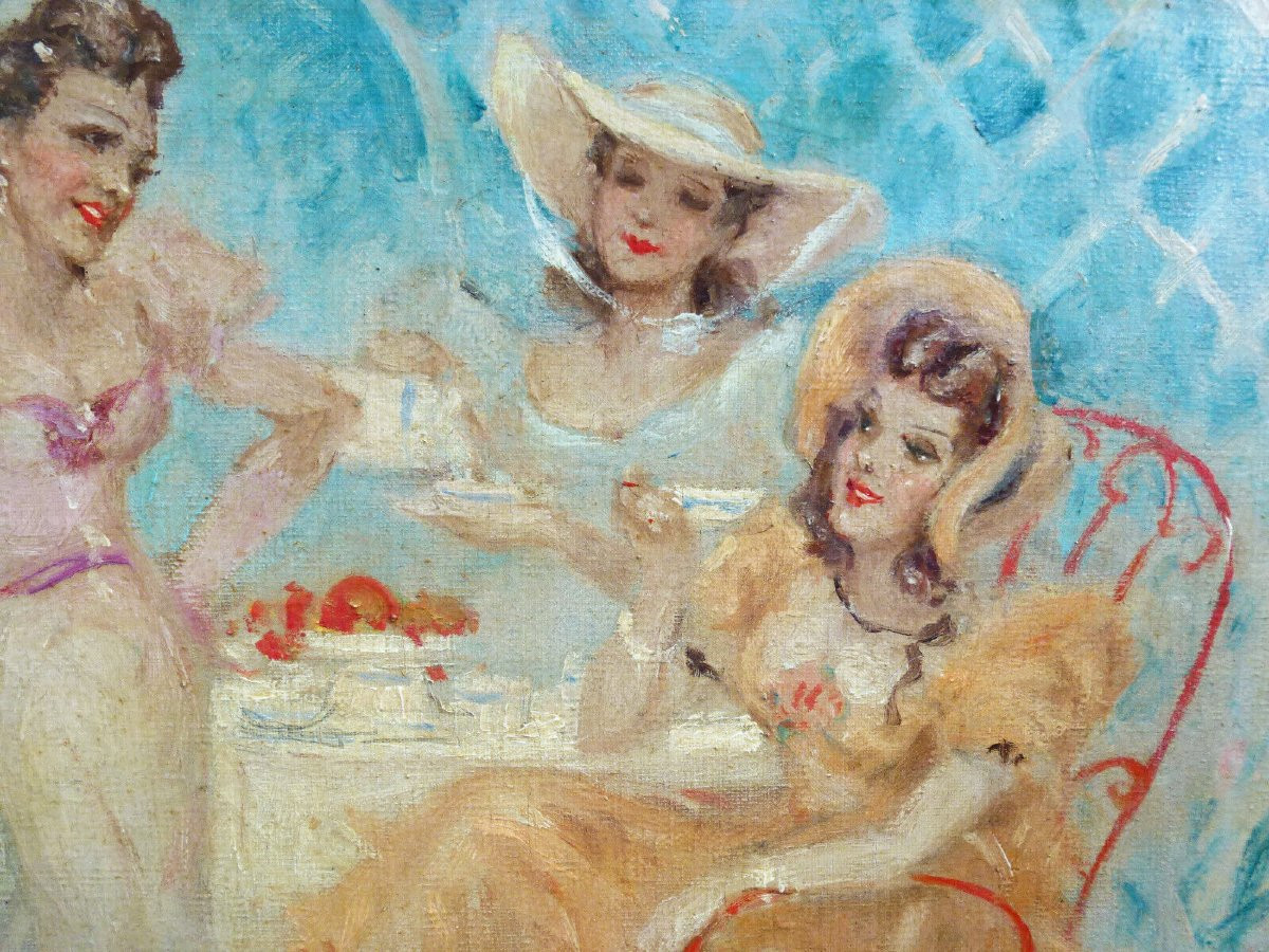 Claude Marcy, Genre Scene: Women In A Tea Room, Oil On Canvas, 20th Century-photo-4