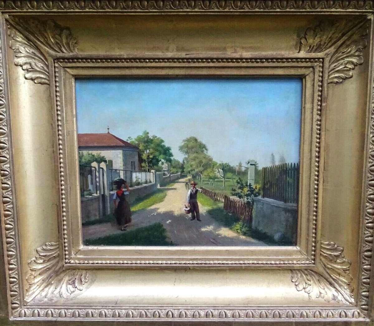 Tableau Signé Chomel Paysage Animé Huile/Panneau fin XIX siècle-photo-2