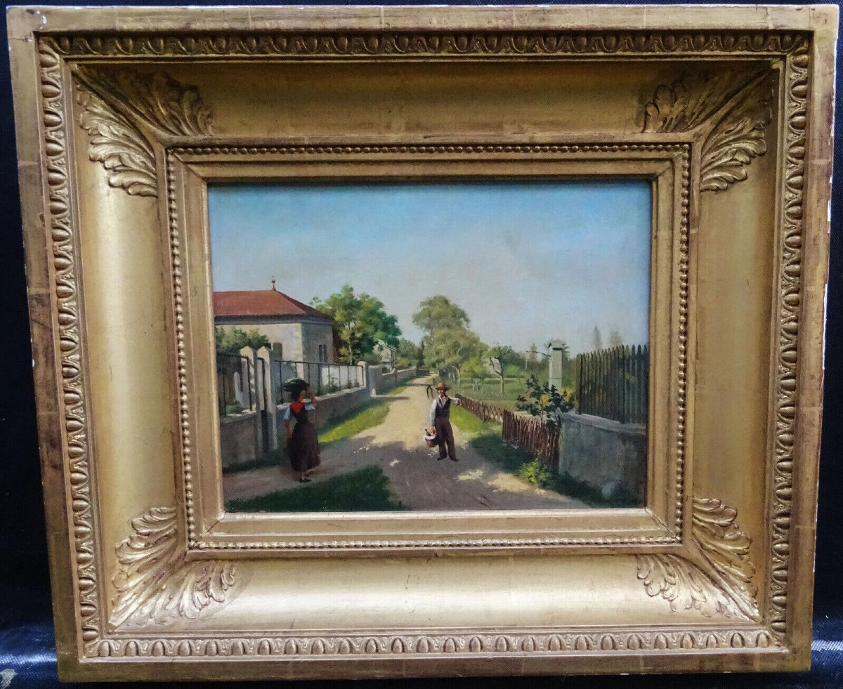 Tableau Signé Chomel Paysage Animé Huile/Panneau fin XIX siècle