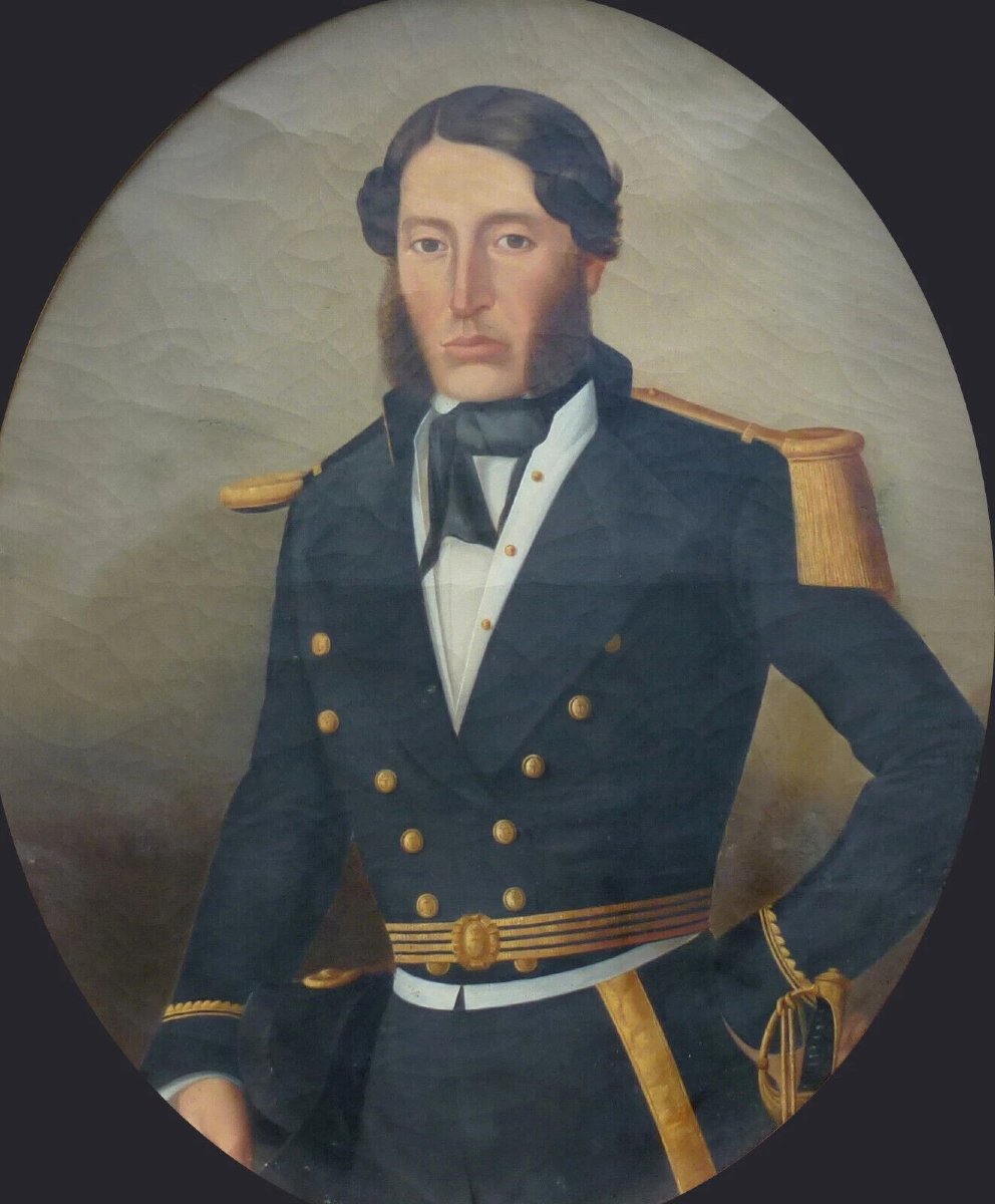 Large Portrait Of A Male Naval Officer 19th Century Oil On Canvas-photo-2