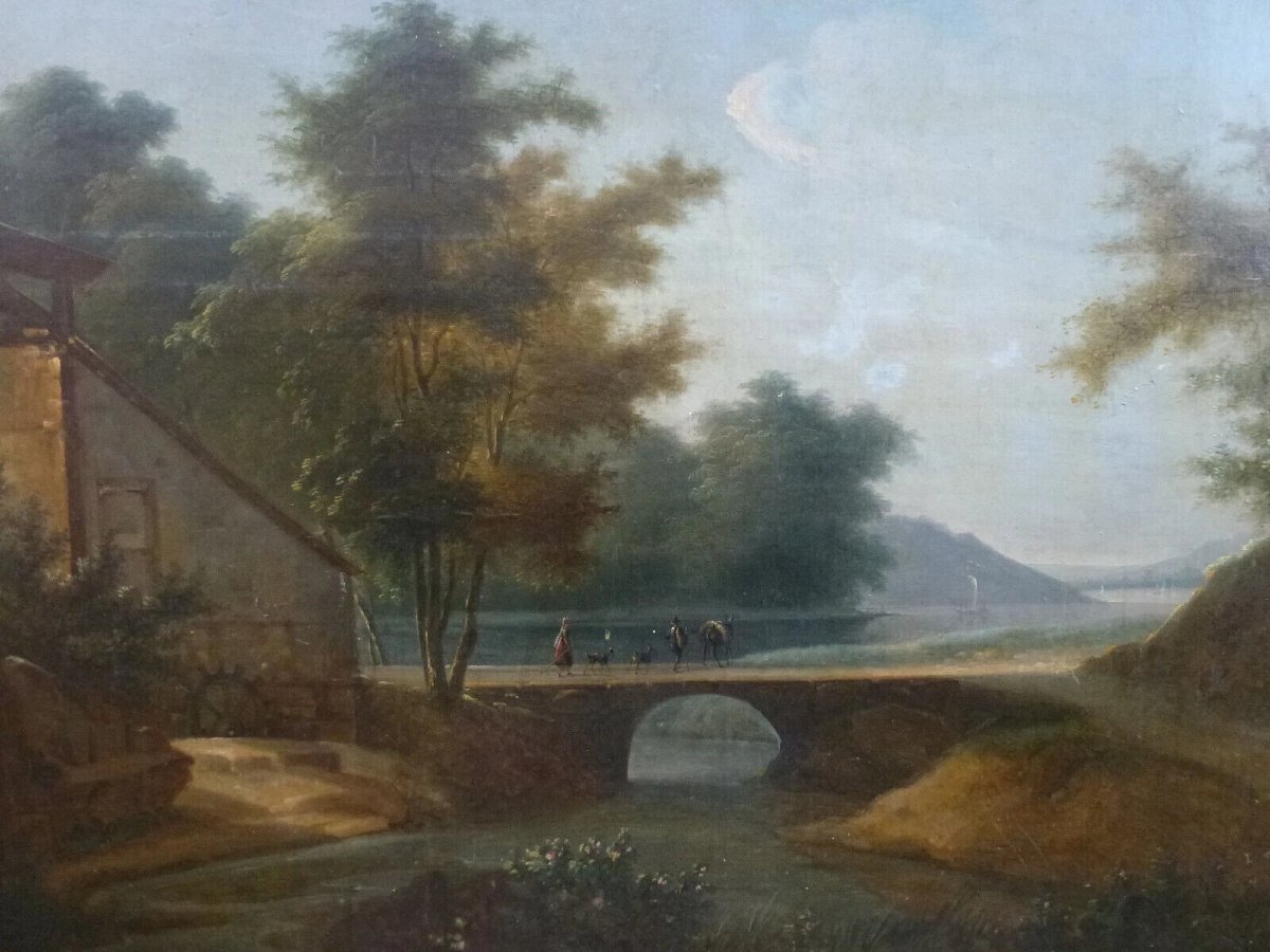 Tableau Paysage Boisé Animé au Pont Huile/Toile du XIXème siècle-photo-2