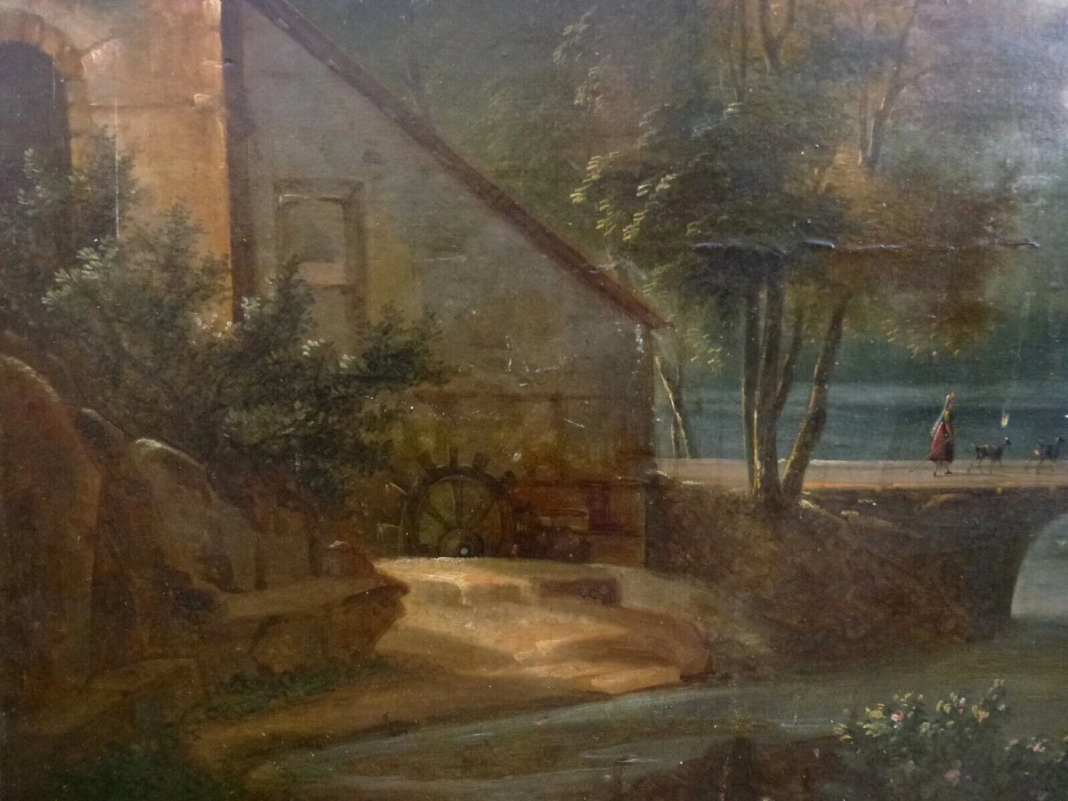 Tableau Paysage Boisé Animé au Pont Huile/Toile du XIXème siècle-photo-3