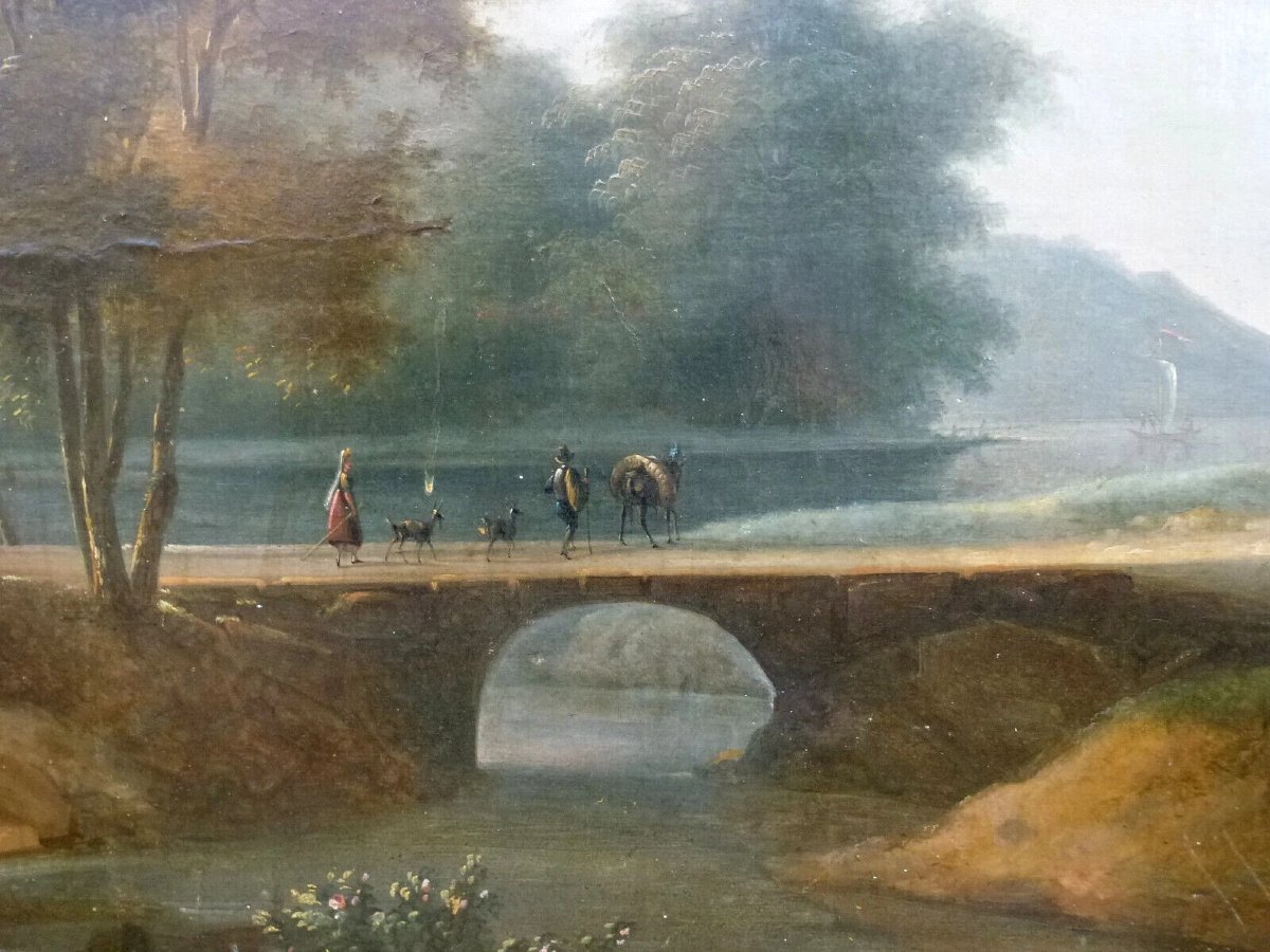 Tableau Paysage Boisé Animé au Pont Huile/Toile du XIXème siècle-photo-4