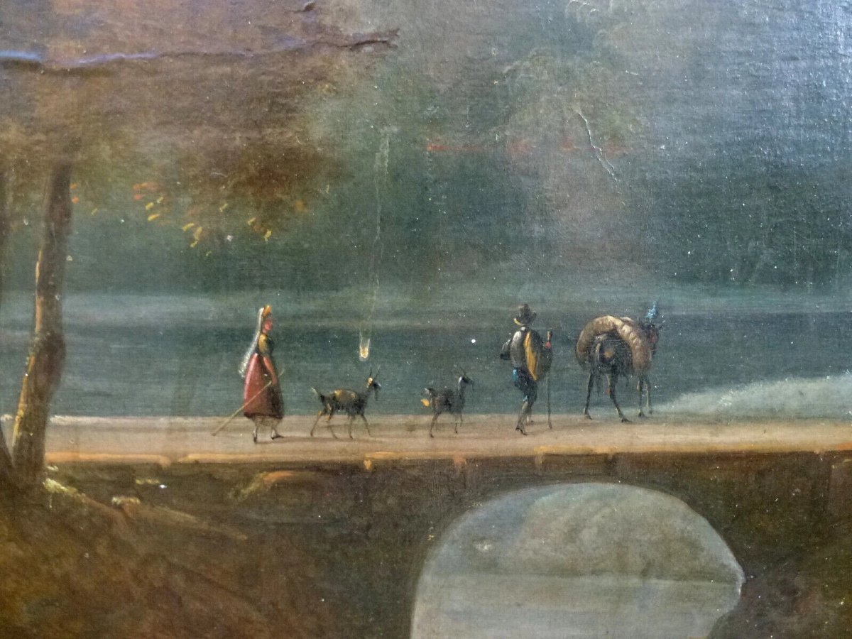 Tableau Paysage Boisé Animé au Pont Huile/Toile du XIXème siècle-photo-1