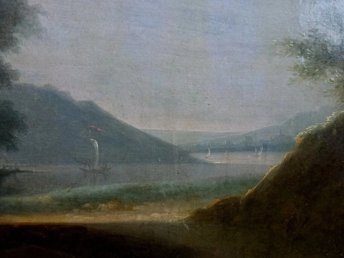 Tableau Paysage Boisé Animé au Pont Huile/Toile du XIXème siècle-photo-2