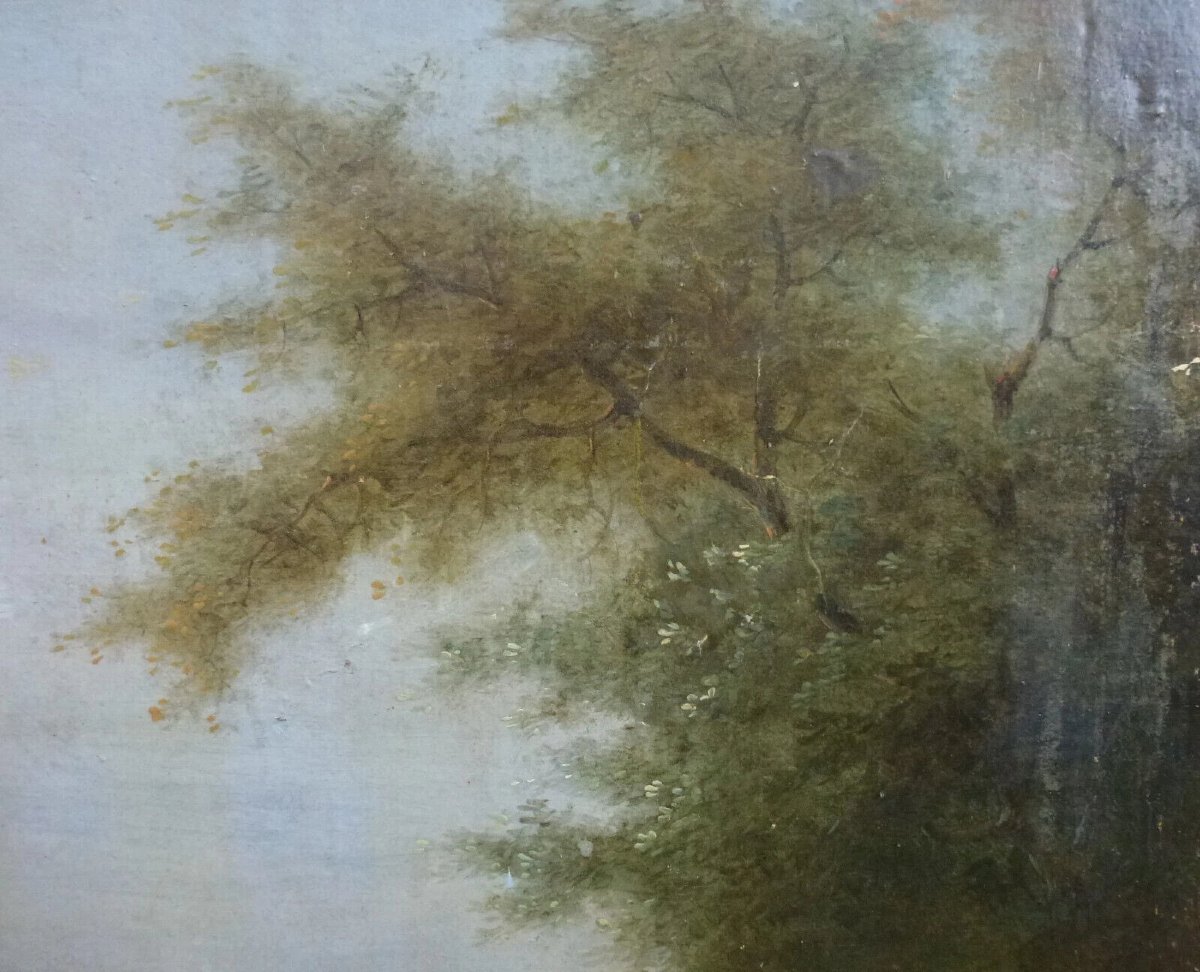 Tableau Paysage Boisé Animé au Pont Huile/Toile du XIXème siècle-photo-3