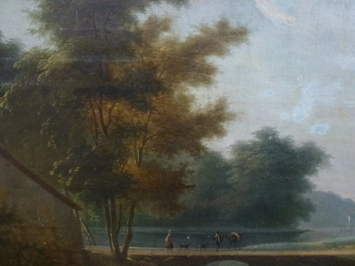 Tableau Paysage Boisé Animé au Pont Huile/Toile du XIXème siècle-photo-4