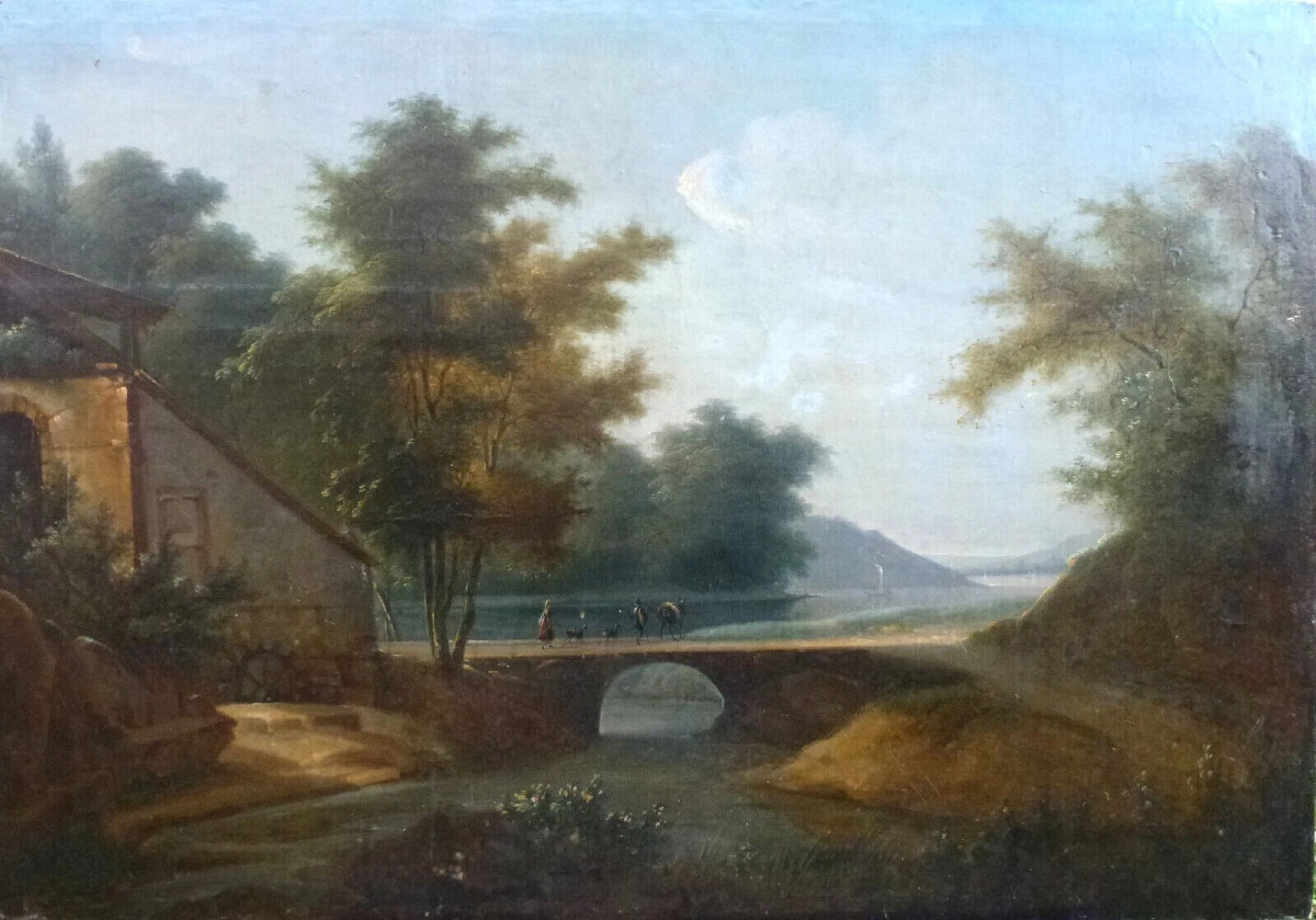 Tableau Paysage Boisé Animé au Pont Huile/Toile du XIXème siècle