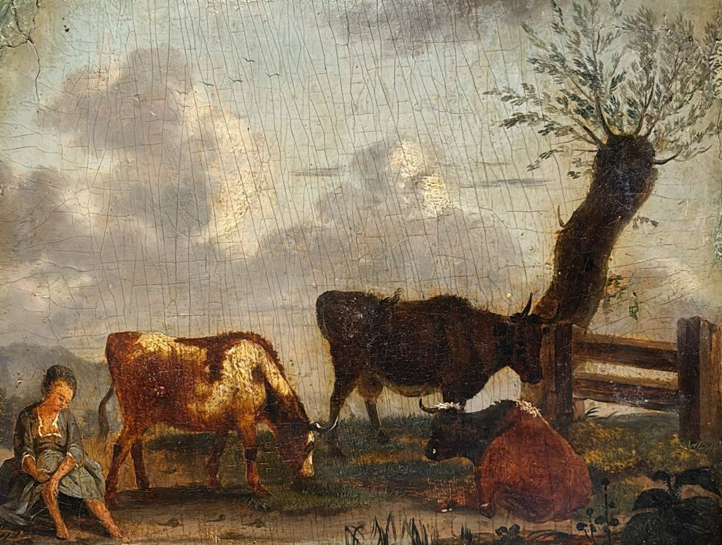 Paysage Rural aux Vaches Animé Huile/Panneau du XVIIIème siècle-photo-3