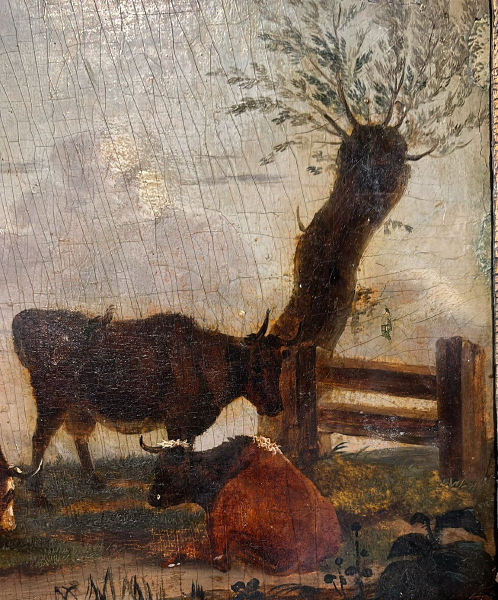 Paysage Rural aux Vaches Animé Huile/Panneau du XVIIIème siècle-photo-3