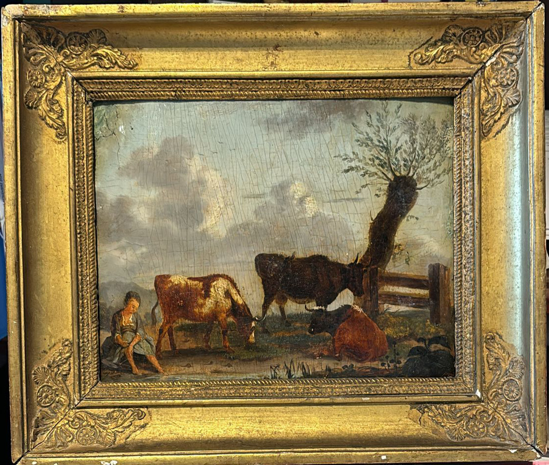 Paysage Rural aux Vaches Animé Huile/Panneau du XVIIIème siècle