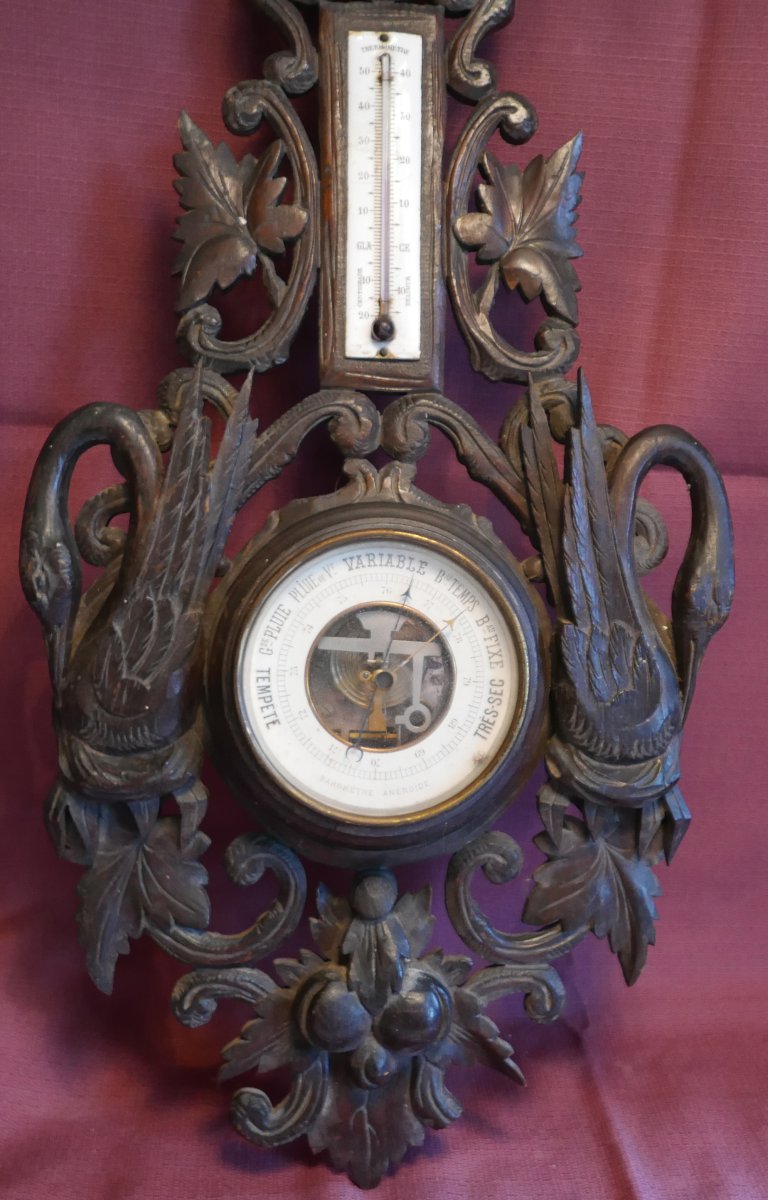 Antique Barometer With Wooden Swans, Carved In The Black Forest Style, 19th Century-photo-2