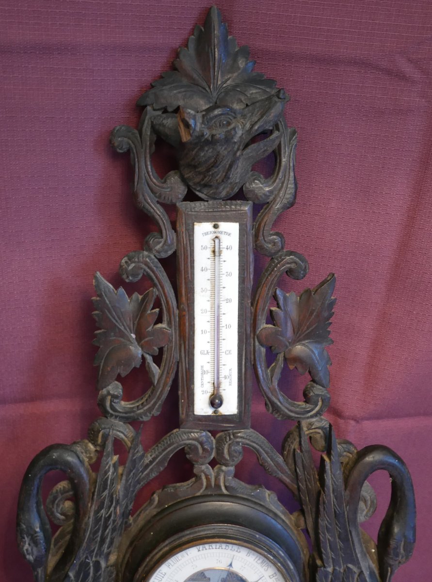 Antique Barometer With Wooden Swans, Carved In The Black Forest Style, 19th Century-photo-3