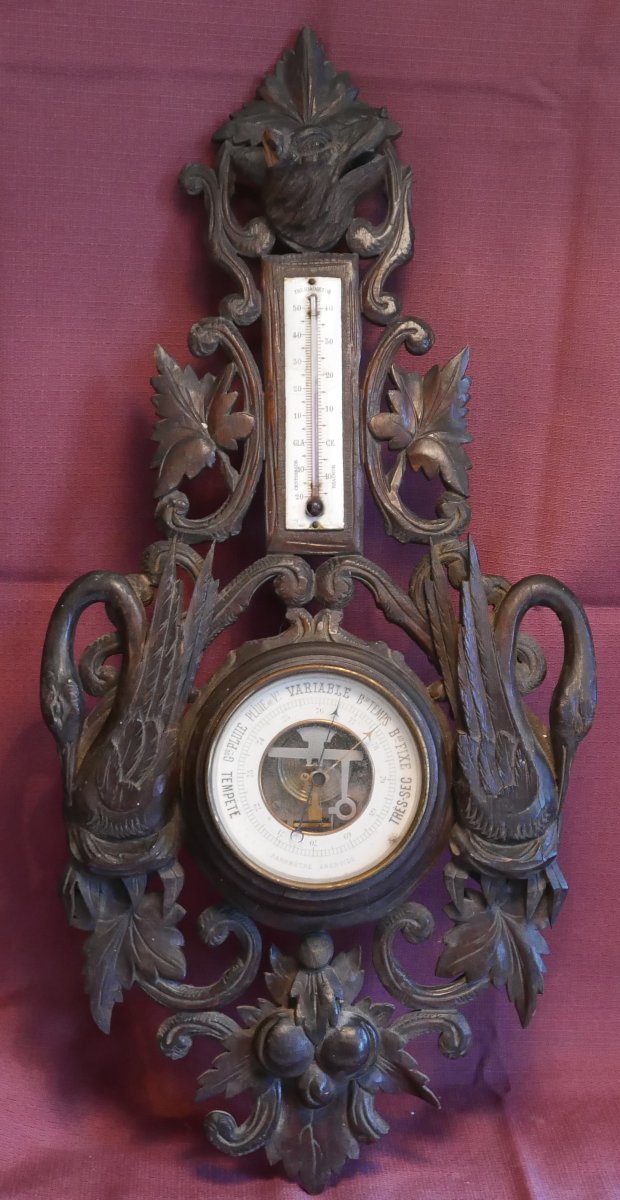 Antique Barometer With Wooden Swans, Carved In The Black Forest Style, 19th Century