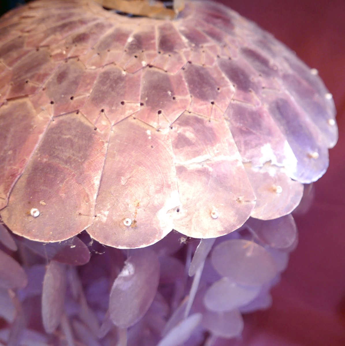 Lustre Suspension en Pastille de Nacre de Capiz Rose Vintage XXème siècle-photo-3
