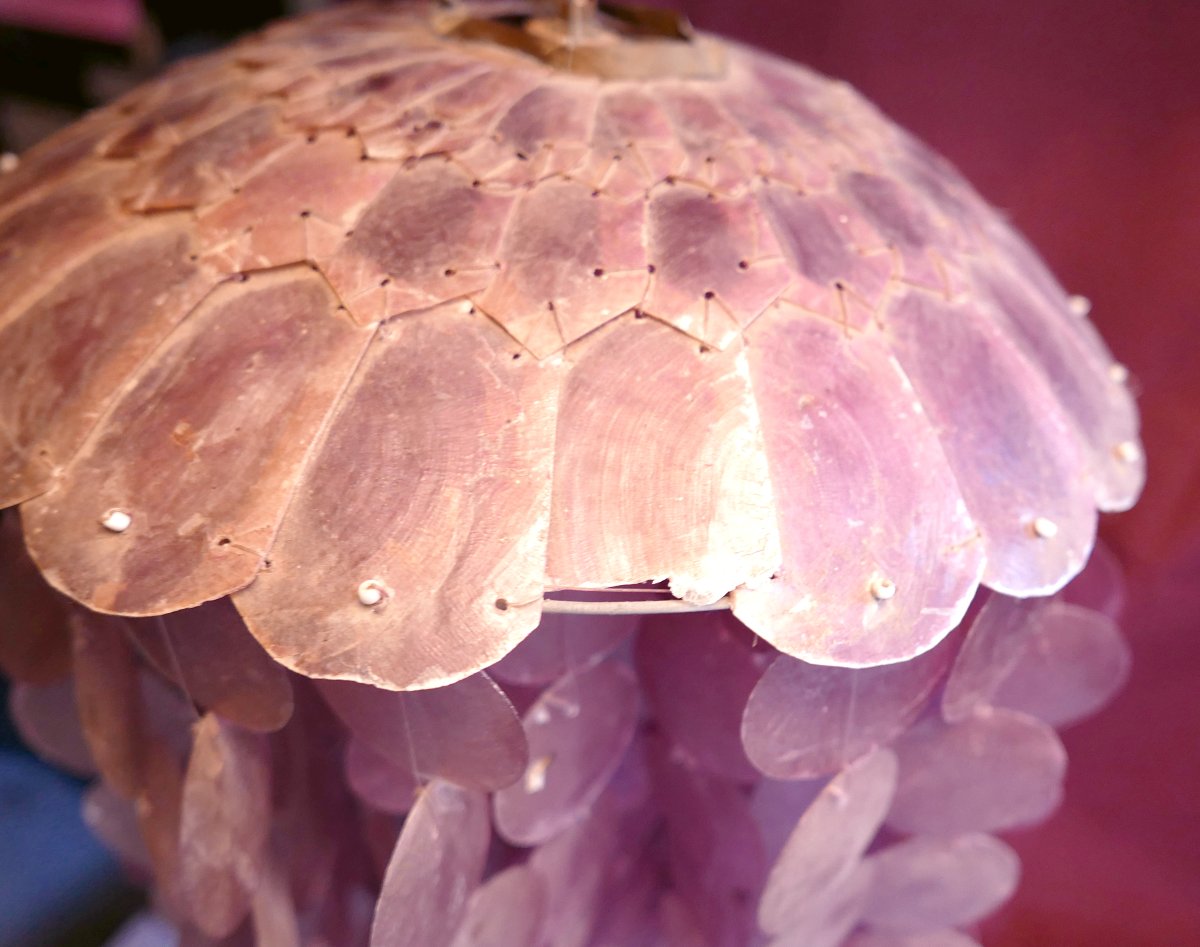 Lustre Suspension en Pastille de Nacre de Capiz Rose Vintage XXème siècle-photo-1