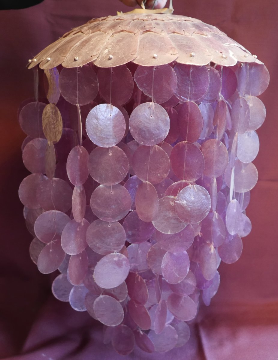 Lustre Suspension en Pastille de Nacre de Capiz Rose Vintage XXème siècle-photo-3