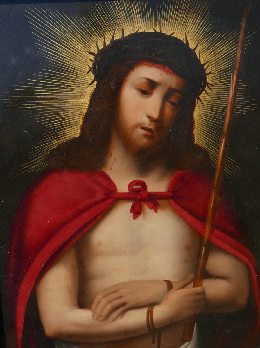 Portrait de Jésus Christ Ecce Homo Huile/Cuivre du XIXème Siècle-photo-3