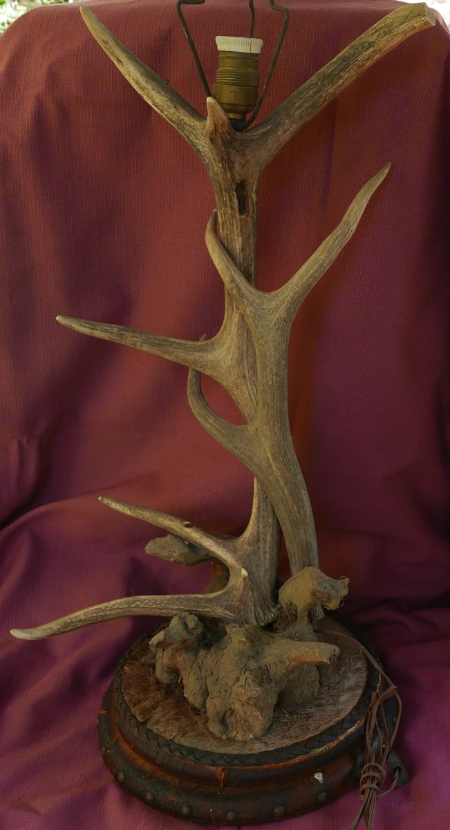 Lampe en Bois de Cerf et Cuir XXème siècle Vintage