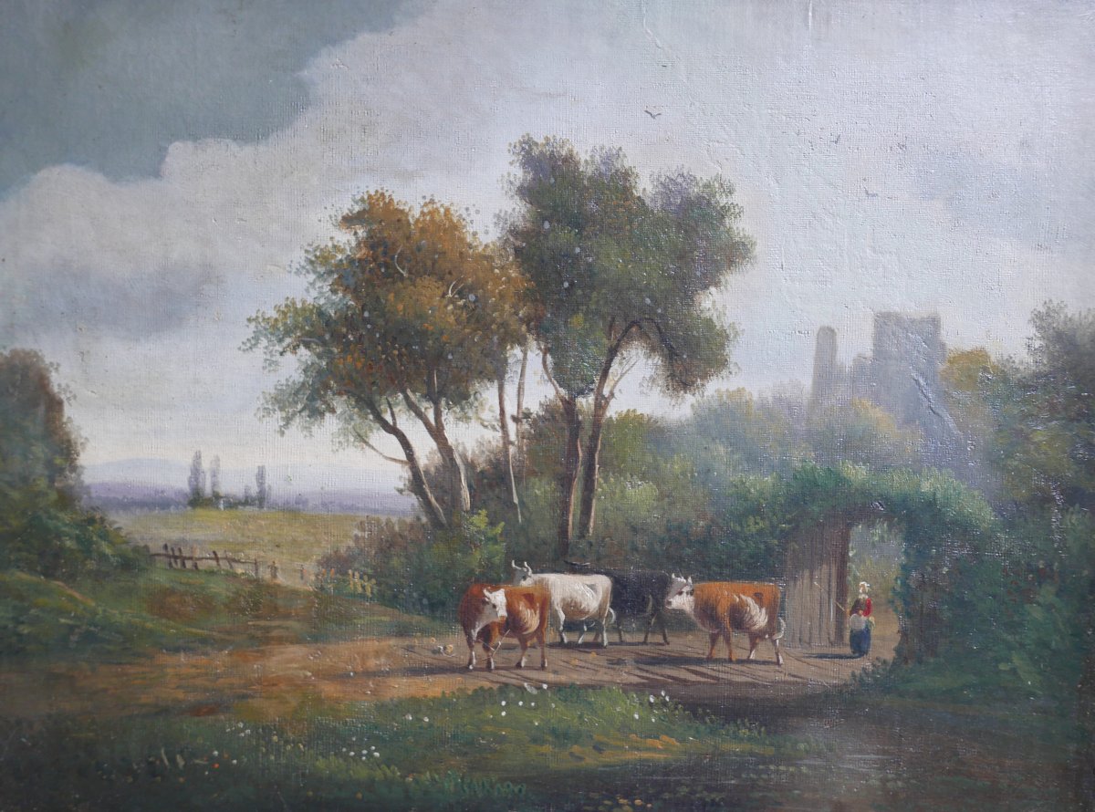 Tableau Paysage Rural Animé aux Vaches Huile/Toile du XIXème siècle Signé-photo-2