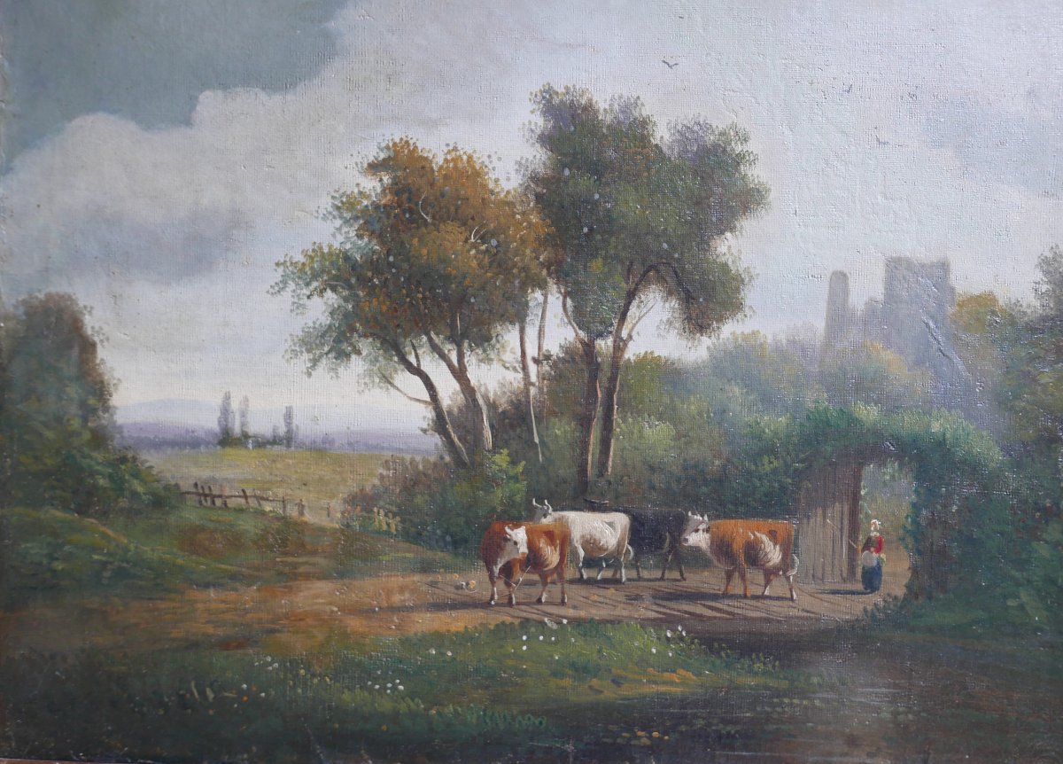 Tableau Paysage Rural Animé aux Vaches Huile/Toile du XIXème siècle Signé-photo-3