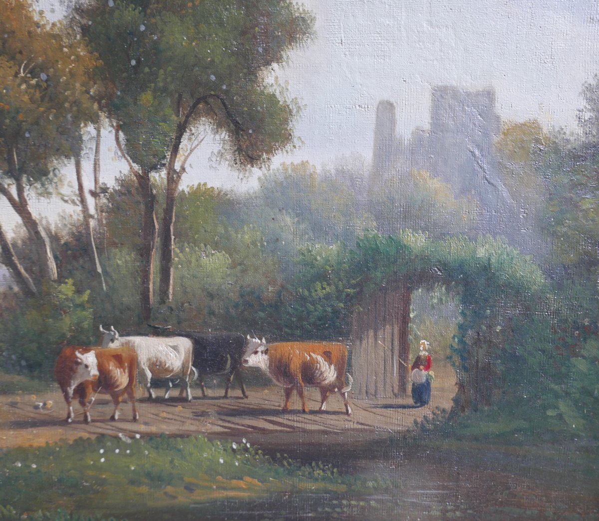 Tableau Paysage Rural Animé aux Vaches Huile/Toile du XIXème siècle Signé-photo-4