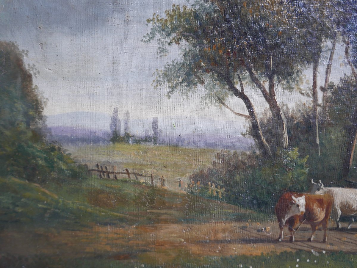 Tableau Paysage Rural Animé aux Vaches Huile/Toile du XIXème siècle Signé-photo-1