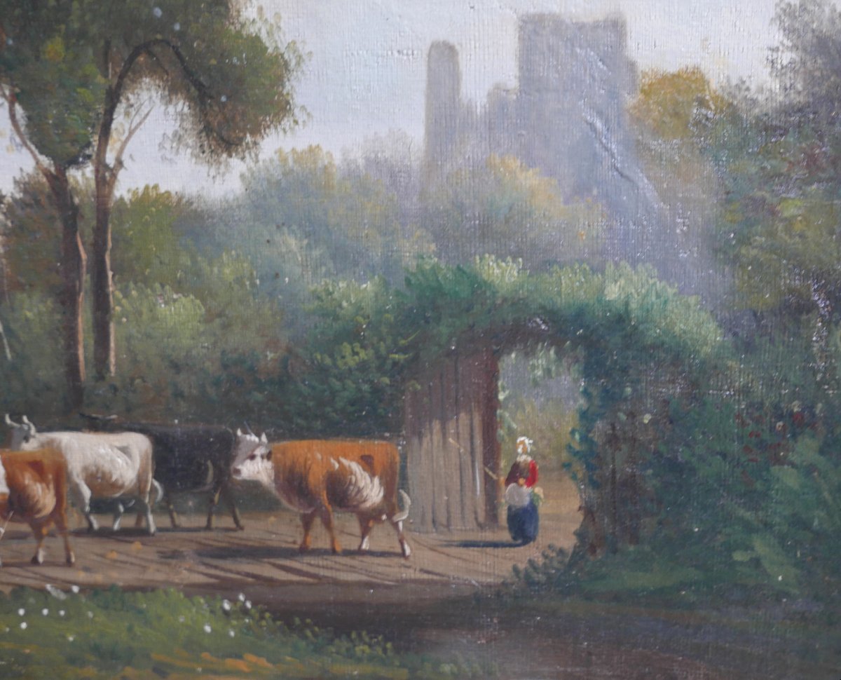 Tableau Paysage Rural Animé aux Vaches Huile/Toile du XIXème siècle Signé-photo-3