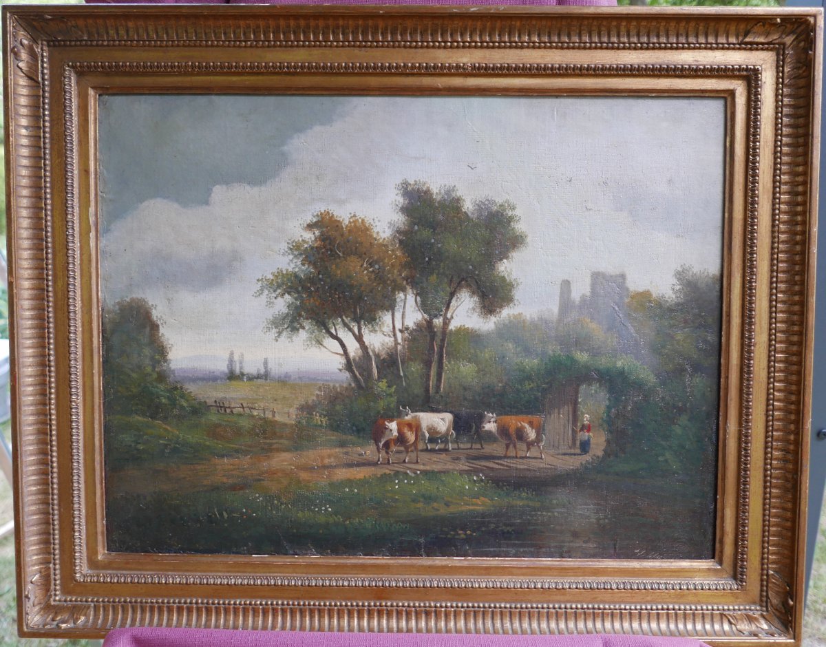 Tableau Paysage Rural Animé aux Vaches Huile/Toile du XIXème siècle Signé