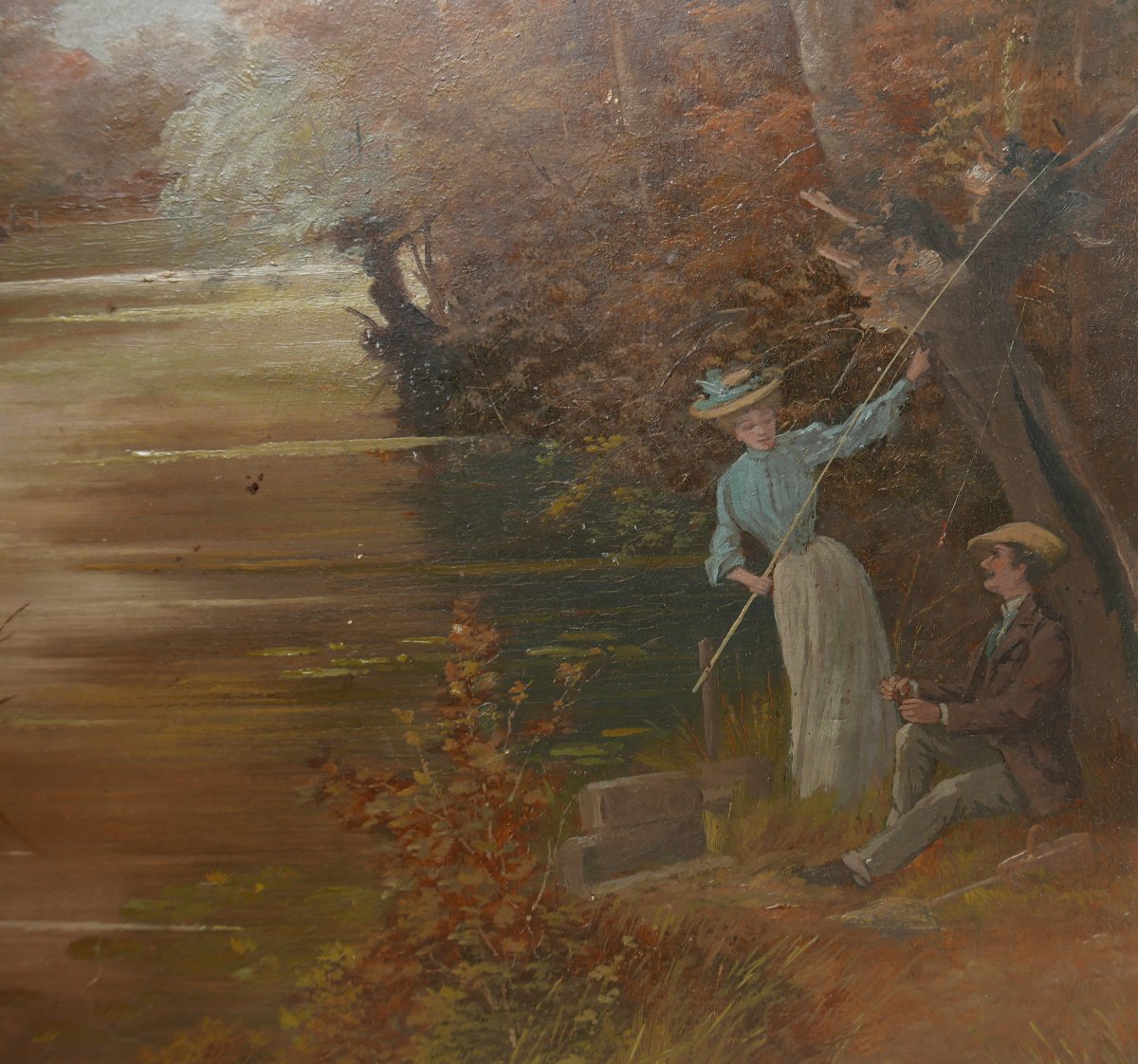 Petitot Paysage Impressionniste Pêche Huile/Toile début XXe siècle Signé-photo-2