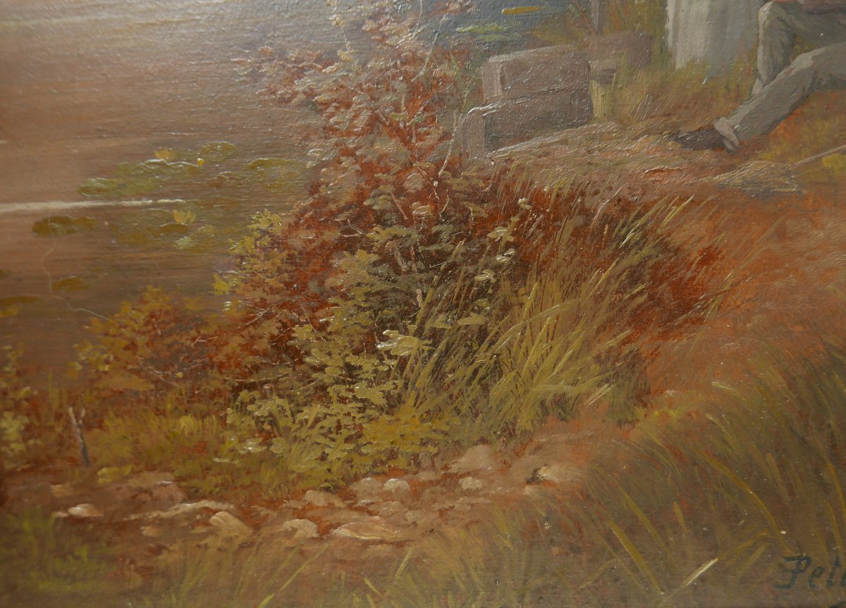 Petitot Paysage Impressionniste Pêche Huile/Toile début XXe siècle Signé-photo-3