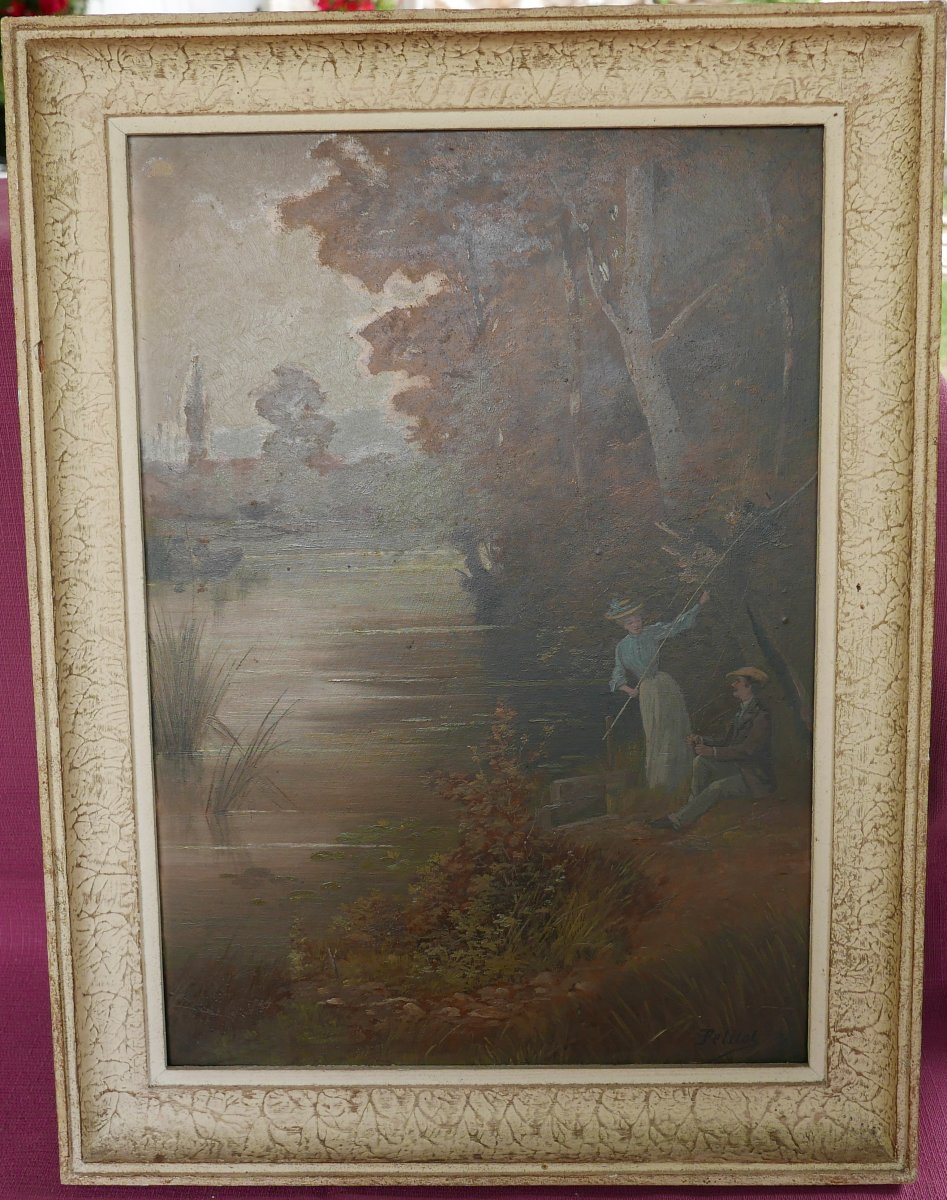 Petitot Paysage Impressionniste Pêche Huile/Toile début XXe siècle Signé-photo-6