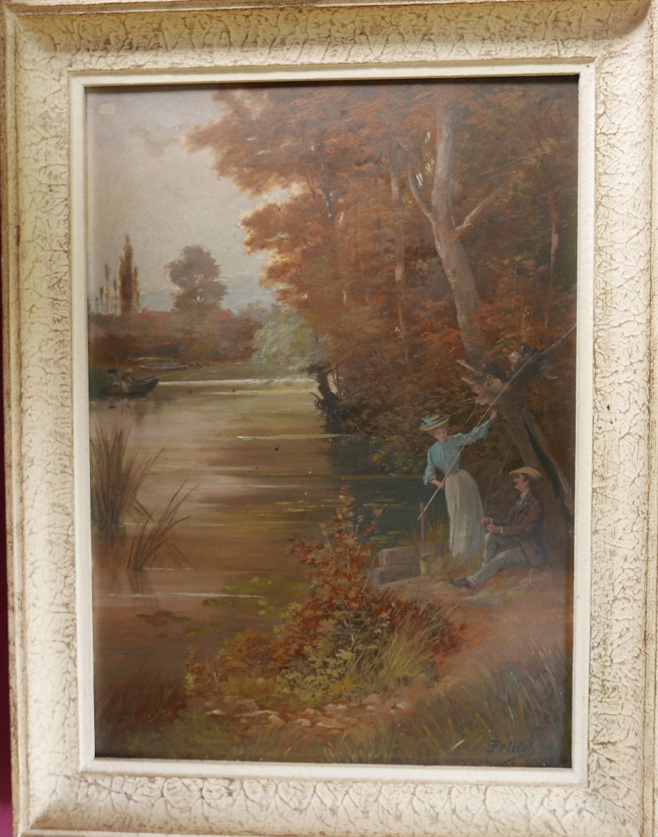 Petitot Paysage Impressionniste Pêche Huile/Toile début XXe siècle Signé