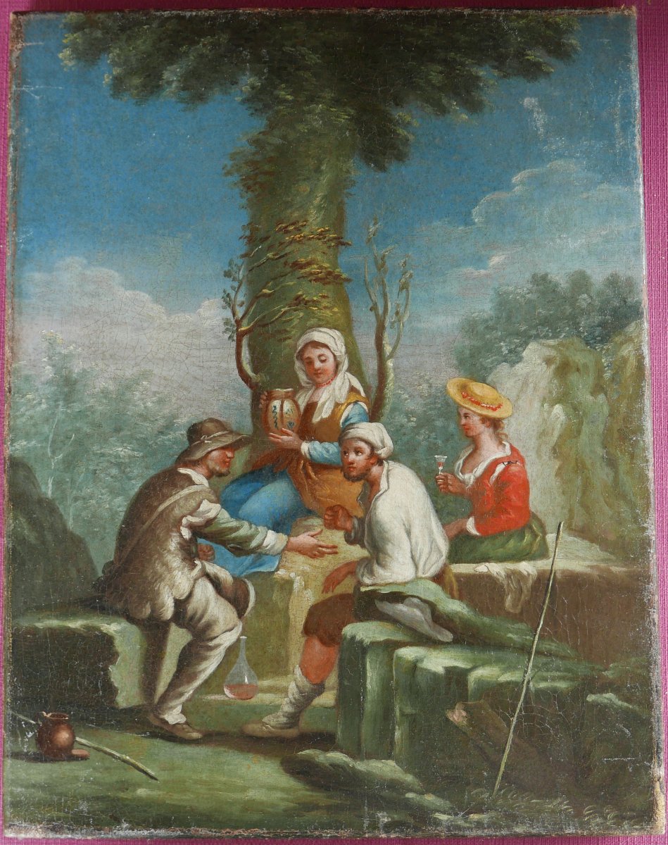 Paolo Monaldi, 18th-century Lively Rural Genre Scene, Oil On Canvas