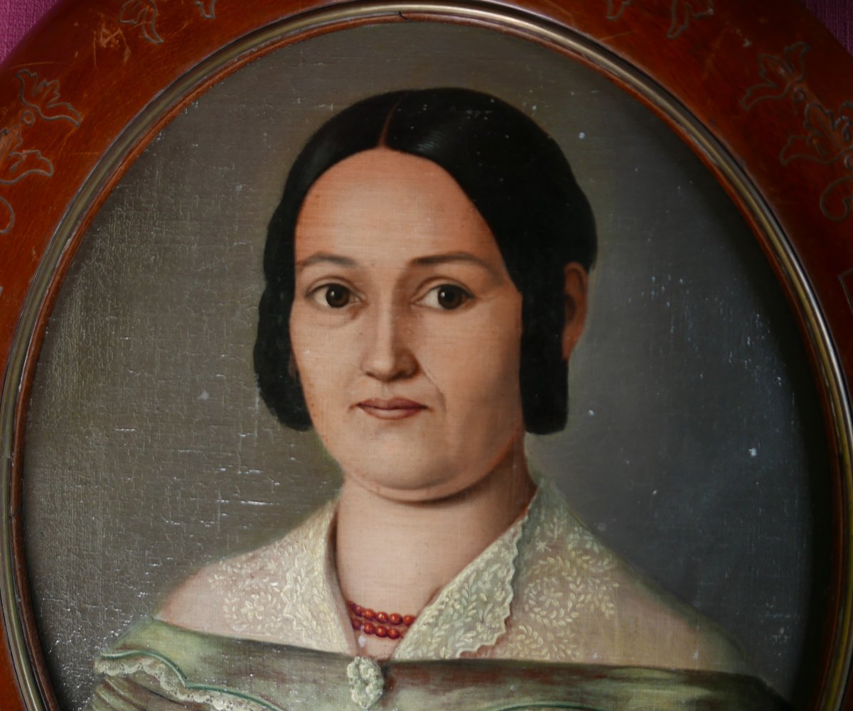 Portrait de Femme Ovale Epoque Louis Philippe Huile/Panneau du XIXème siècle-photo-2