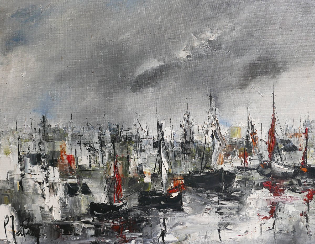 20th-century Oil-on-canvas Landscape Painting Of A Harbor View, Signed -photo-3