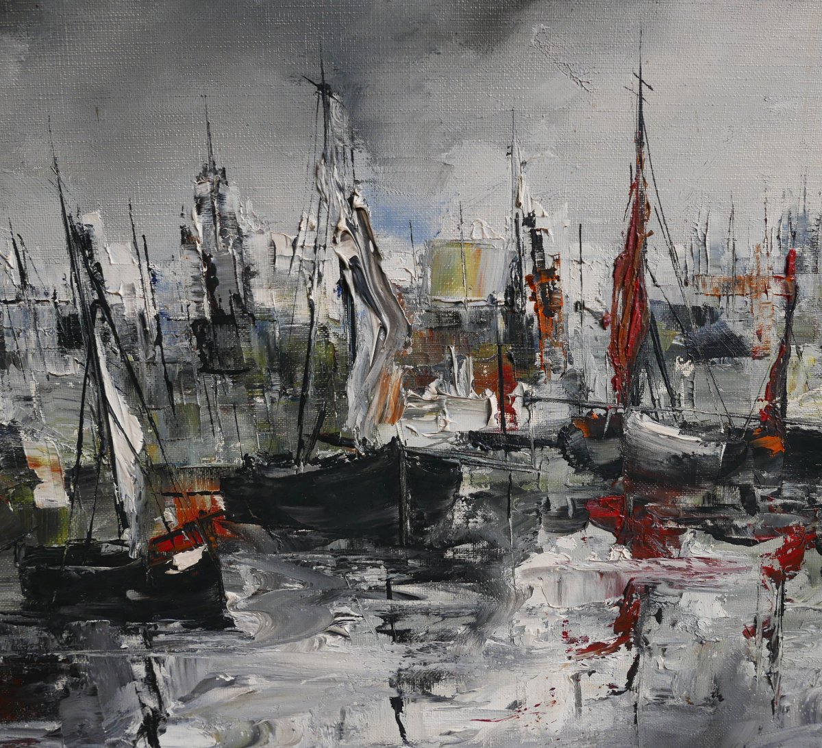 20th-century Oil-on-canvas Landscape Painting Of A Harbor View, Signed -photo-4